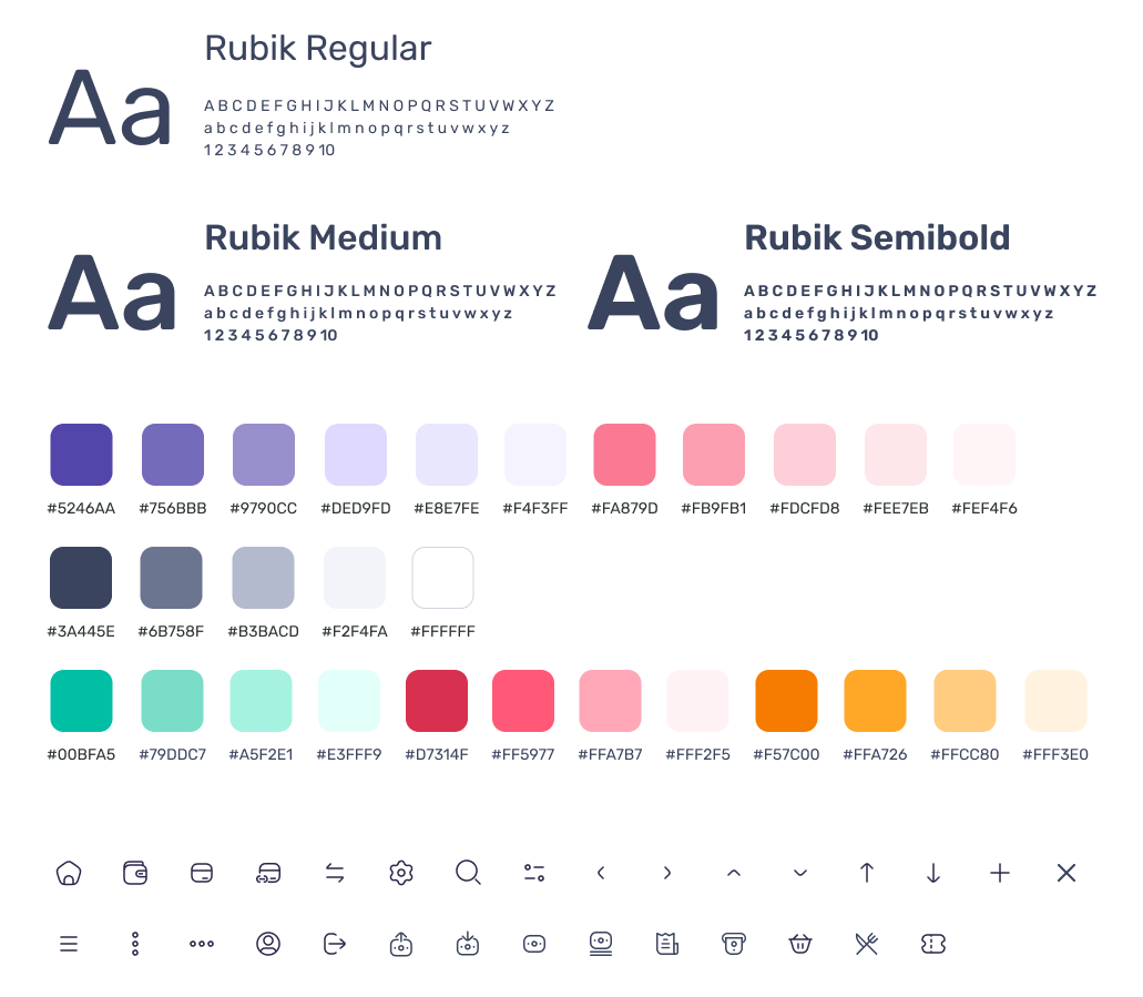 Preview of the design system showing typography, colour scheme and icons.