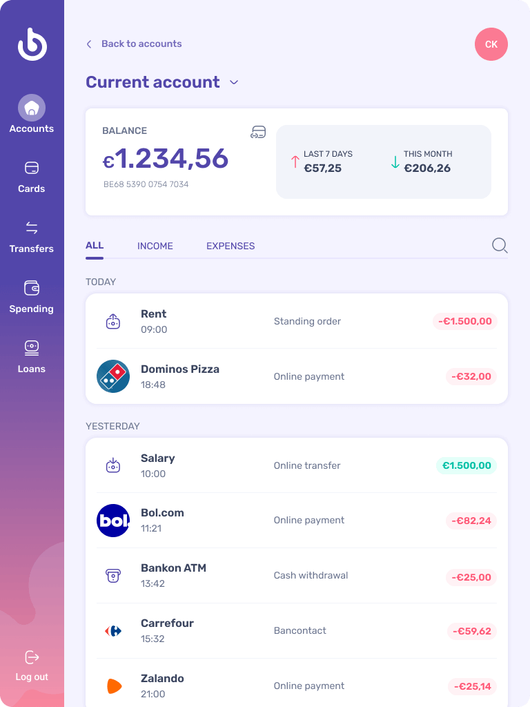Tablet version Current Account screen